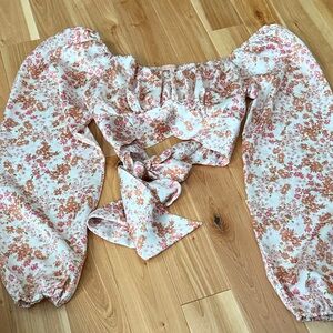 Floral Puff Sleeve Crop Top - Pink & Cream